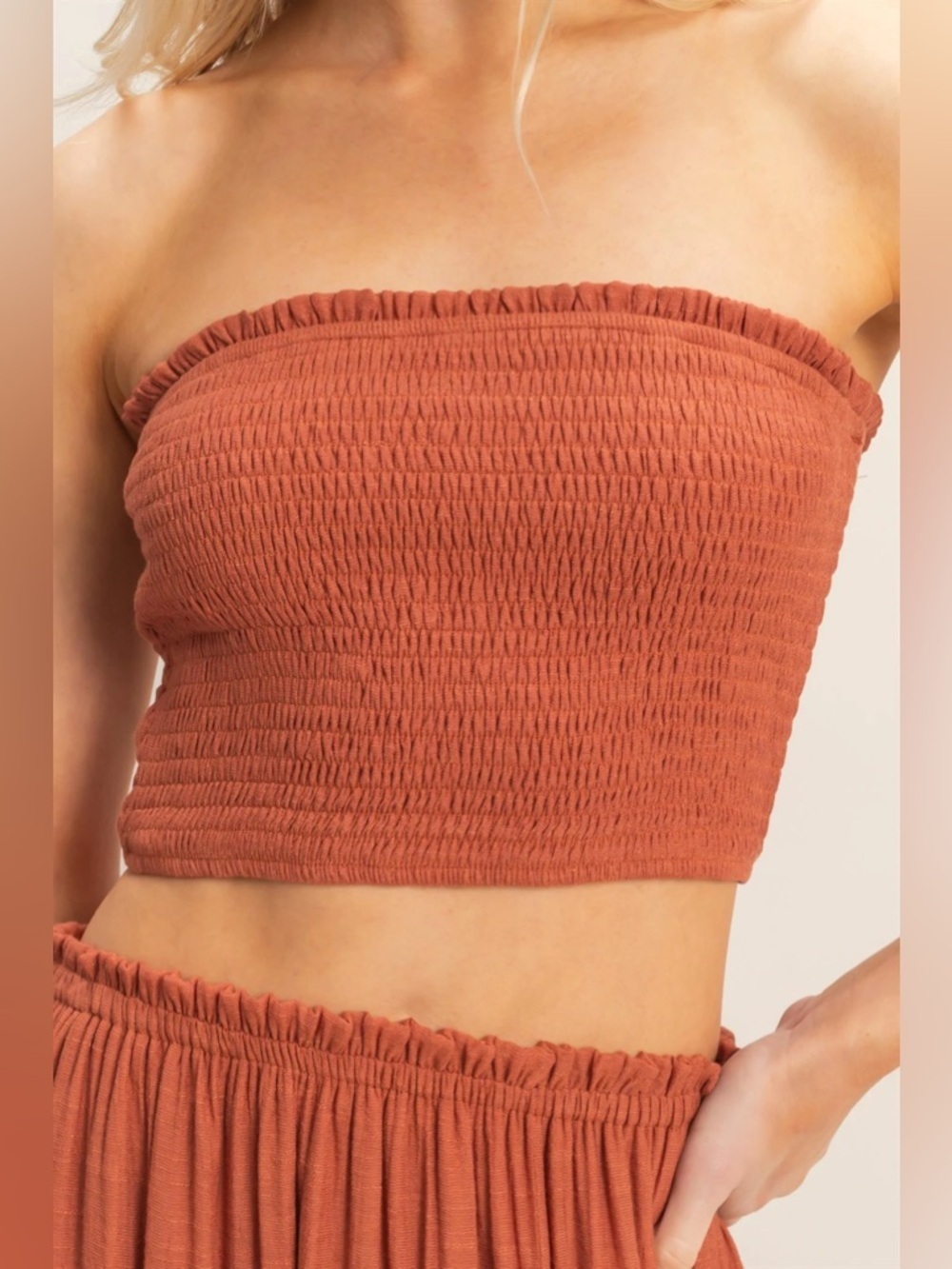 NEW HYFVE Rust Smocked Tube Top & Tiered Maxi Skirt Set Size Large - Picture 3 of 7